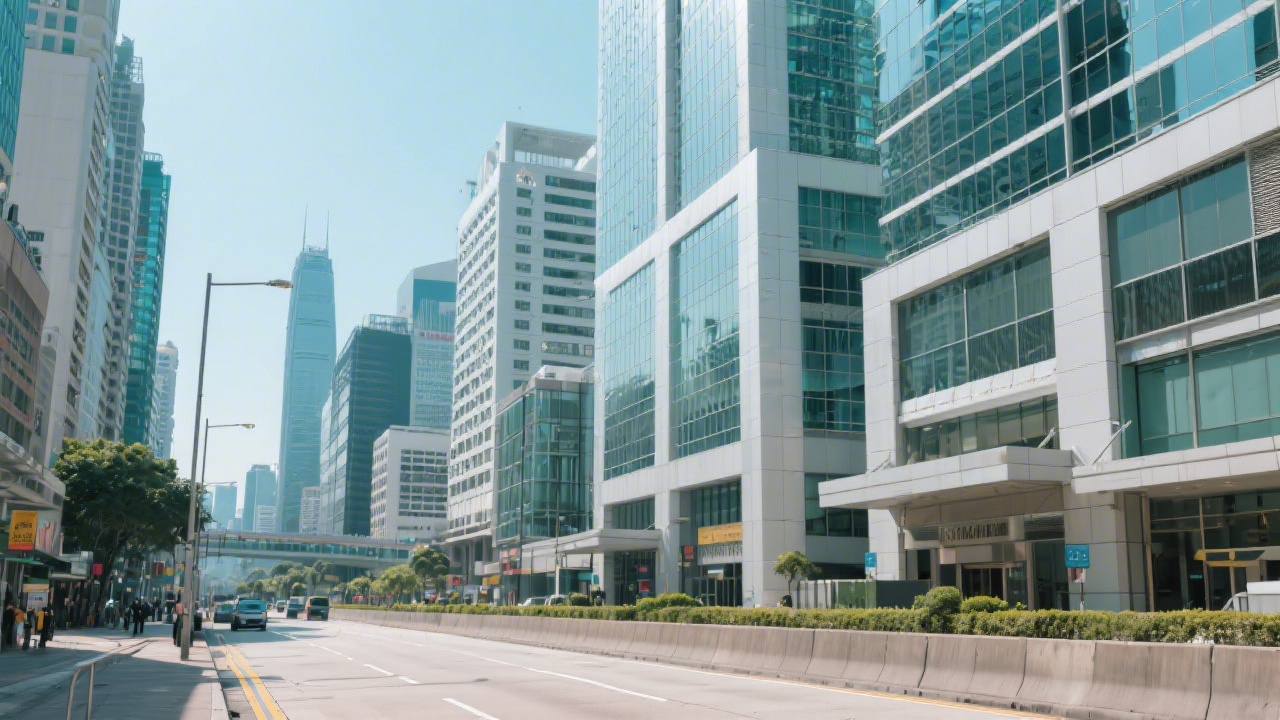 Daytime city scene in Kowloon with modern office buildings, clean lines, and a calm atmosphere, conveying a professional local presence in Hong Kong