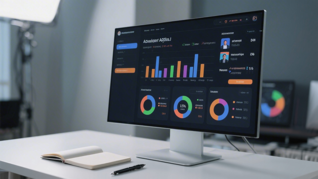 Close-up of a digital advertising interface on a monitor with audience segments and budget allocations, sitting on a minimal desk with notebook and pen in a modern studio