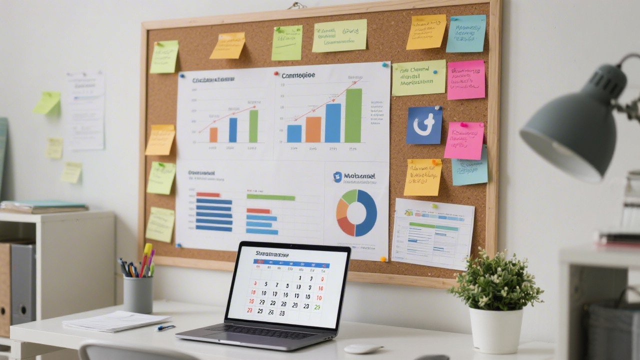 Strategic planning board with charts, sticky notes, and a laptop displaying campaign calendar, representing structured campaign development for multi-channel social marketing