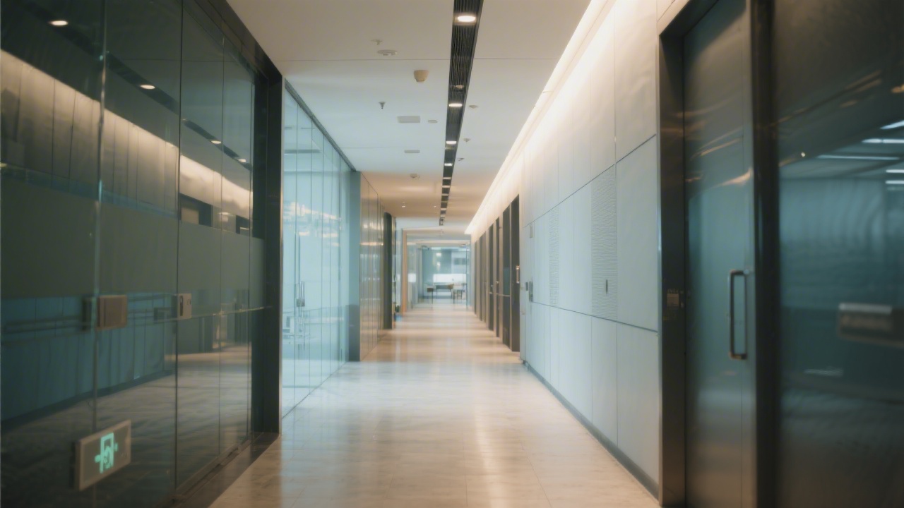 Modern business corridor in Kowloon with soft lighting and clean architectural lines, representing a professional and accessible marketing studio environment
