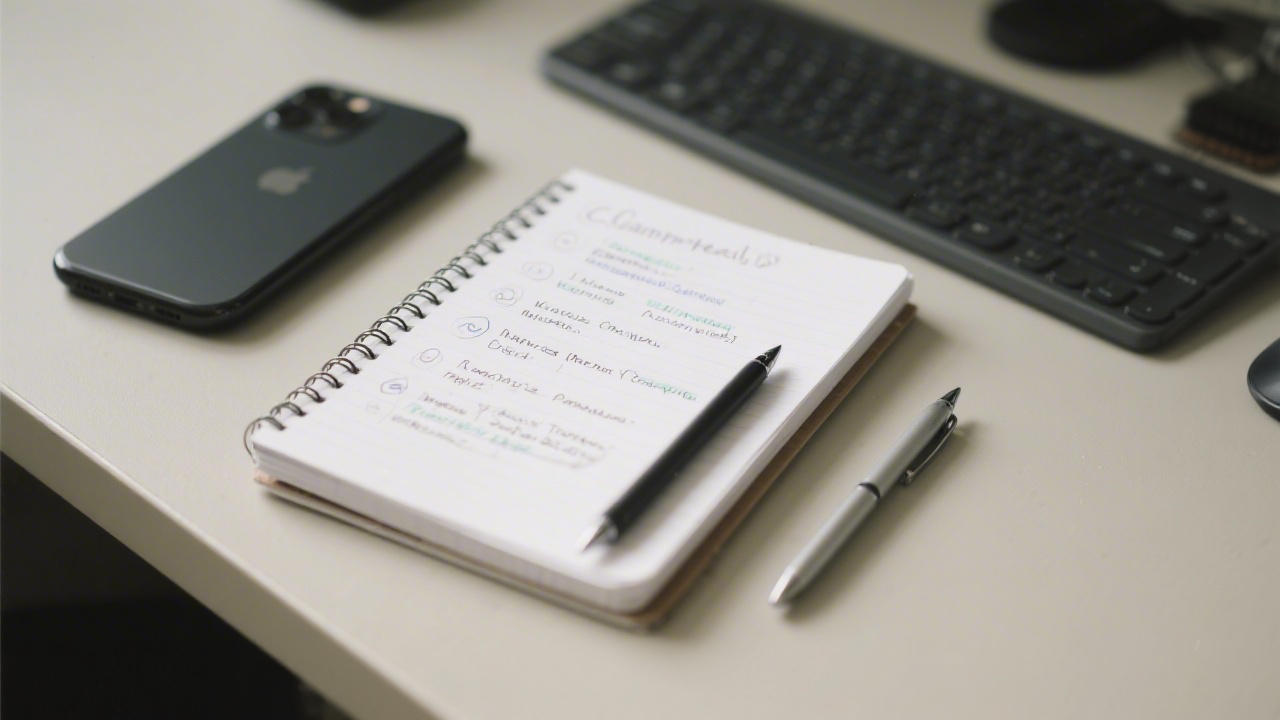 Notebook with neatly written campaign notes, a pen, and a phone on a neutral desk, conveying a structured approach to client communication and planning