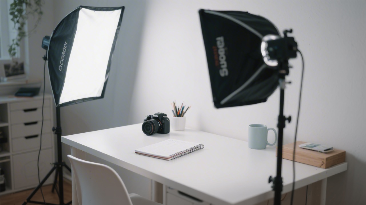 Minimal studio desk with camera, softbox light, and planning notebook, showcasing a small production setup for creating social media content assets in an organized workspace