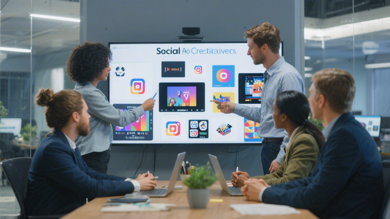 Team reviewing social media creatives on a large screen in a modern office, highlighting collaborative evaluation of video and graphic assets for digital campaigns