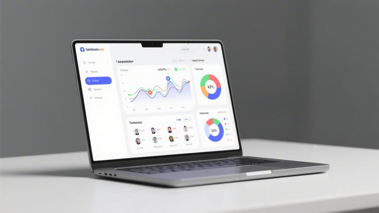 Clean analytics dashboard showing social media KPIs, trend lines, and audience segmentation charts, presented on a laptop in a minimal studio setup with neutral lighting