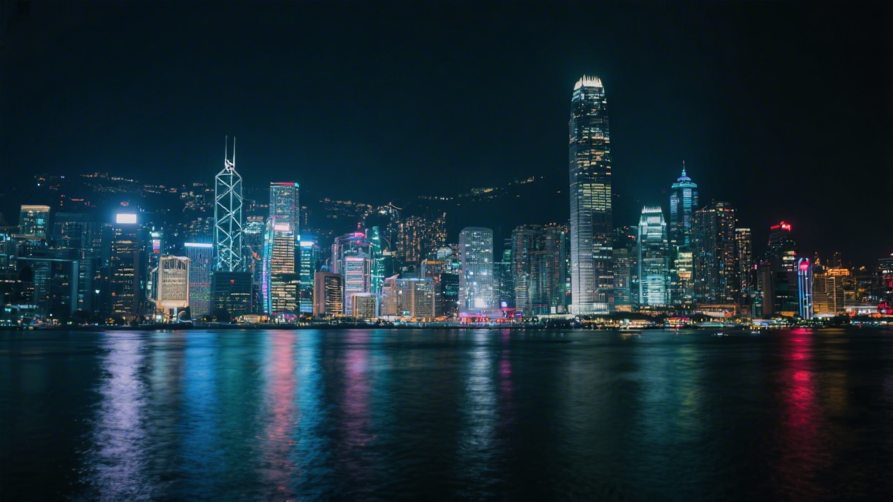 High-contrast night skyline of Kowloon and Victoria Harbour with neon reflections, modern business tone, minimal composition emphasizing city energy and premium urban texture