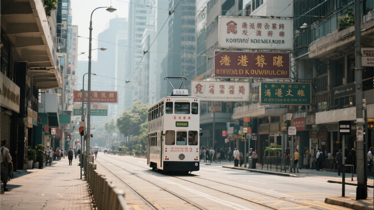 Kowloon street scene with tram lines, bilingual signage, and a calm urban atmosphere, capturing the local texture of Hong Kong’s business districts