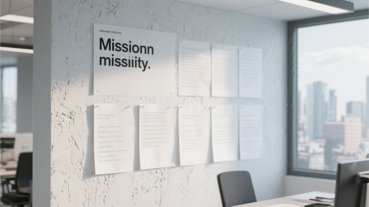 Minimal office wall with a simple mission statement, clean typography on paper sheets, and subtle city textures in the background, reflecting a young focused agency environment