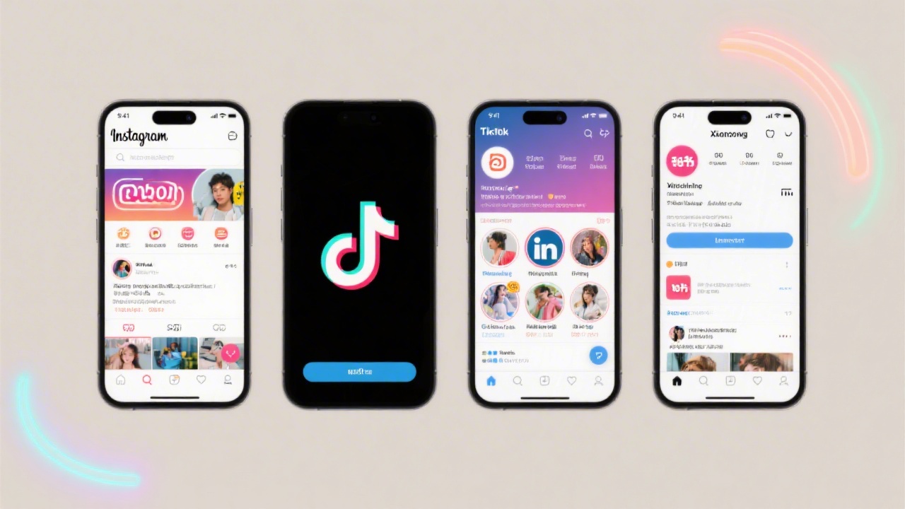 Collage of four mobile screens displaying Instagram, TikTok, LinkedIn, and Xiaohongshu interfaces, arranged in a clean grid with neutral background and subtle neon accents