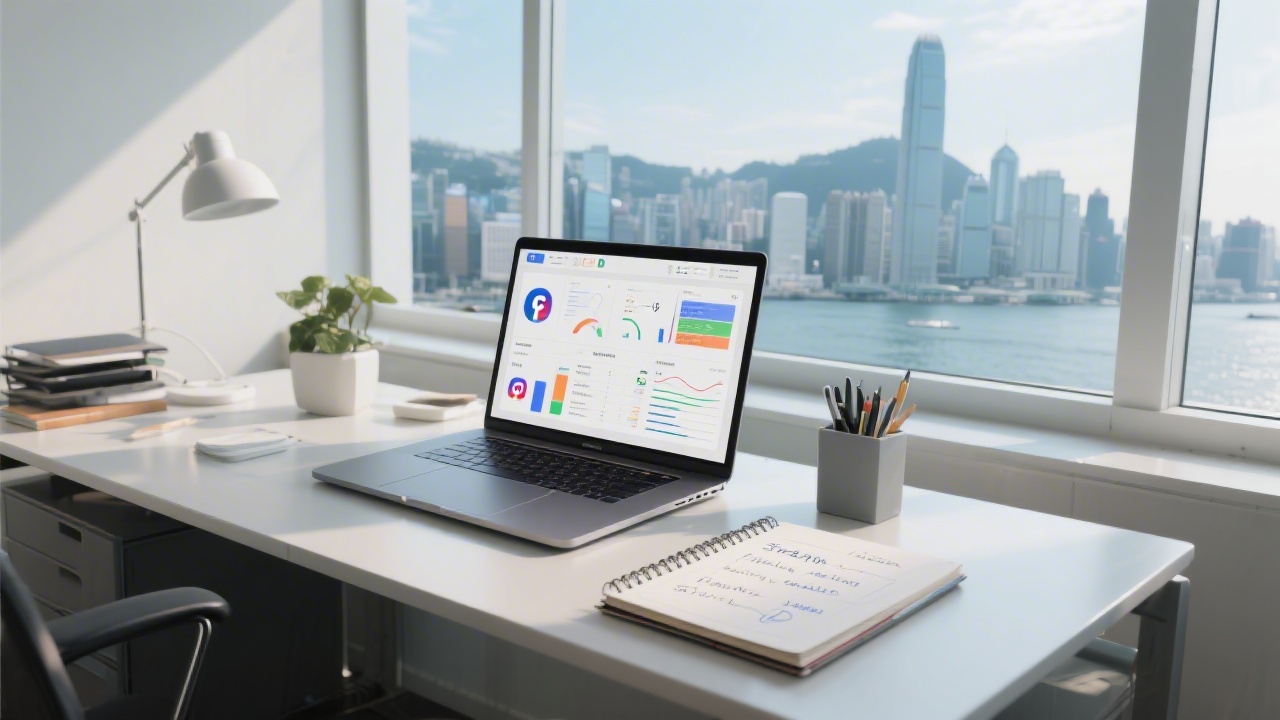 Modern agency desk with laptop showing social media dashboards, notebook with strategic notes, and city skyline through window, representing professional marketing services in Hong Kong