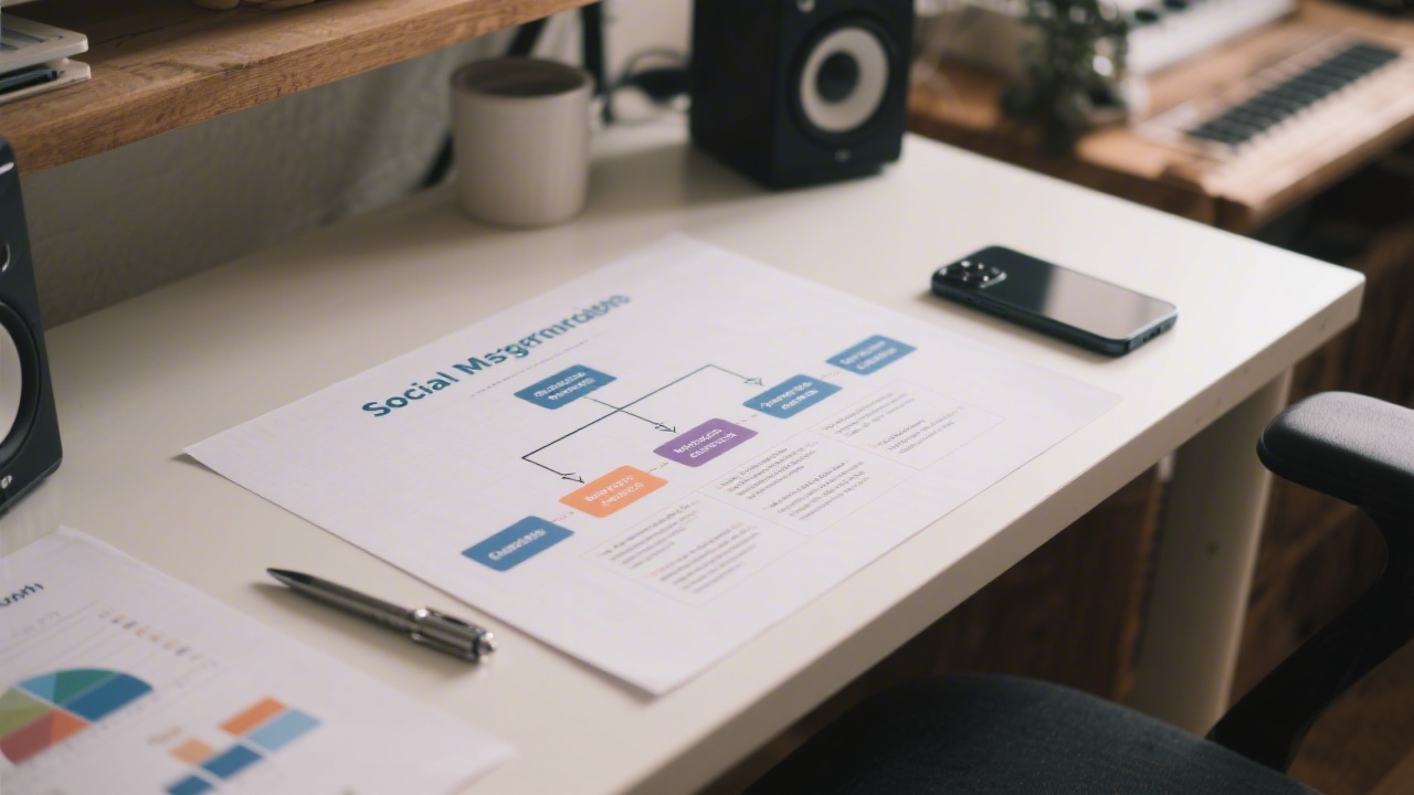 Organized workflow diagram on a desk with printed charts, a pen, and a phone, showing structured planning for social media campaigns in a small studio
